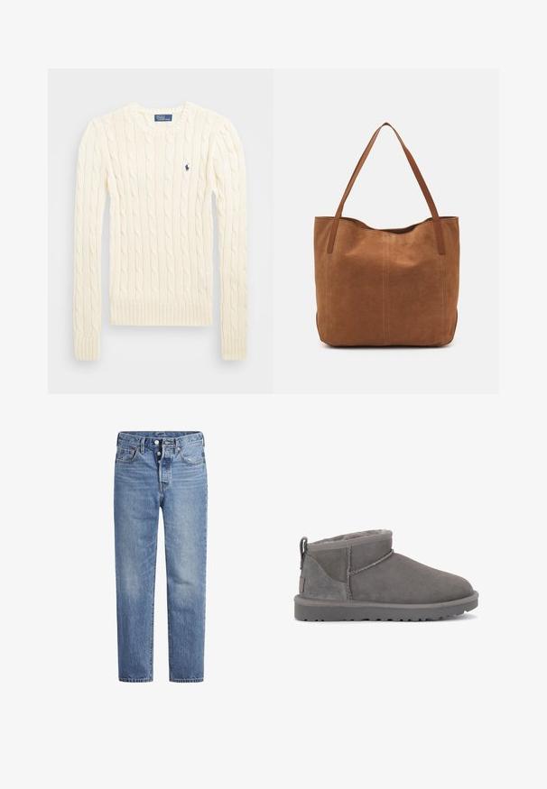 Krem pulover s kablom in dolgimi rokavi, žebljarji na manšetah in ob robu, vsebuje majhen izvezen logotip na levem prsnem delu.; Svijetloplave traperice ravnog kroja s pet džepova i dugmetom. Imaju suptilno izbljeđivanje i narančaste detalje šavova.; Sive zamskaste gležnjarje s mehkimi notranjim podstavljanjem, minimalnim šivom in oblikovanim gumijastim podplatom. Imajo zanko za vlečenje na hrbtni strani.; Rjava nubuk torba z dvema dolgima ročajema, ki ima gladko teksturo, preprost dizajn in brez vidnih kovinskih delov ali okrasov.