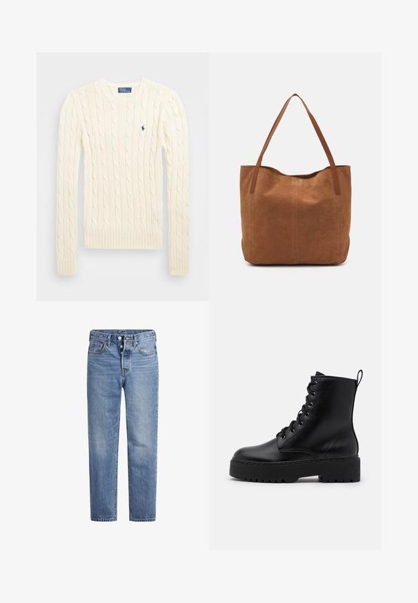 Maglione crema a costine con maniche lunghe, polsini e orlo a coste, caratterizzato da un piccolo logo ricamato sul lato sinistro del petto.; Jeans in denim blu chiaro con taglio dritto, design a cinque tasche e chiusura con bottone. Presentano una leggera sbiaditura e dettagli in cucitura arancione.; Stivale alla caviglia in pelle nera con suola spessa e texture, punta tonda e occhielli metallici per i lacci. Presenta un linguetta sul retro.; Borsa a spalla in suede marrone con due manici lunghi, caratterizzata da una texture liscia, design semplice e senza hardware o dettagli visibili.