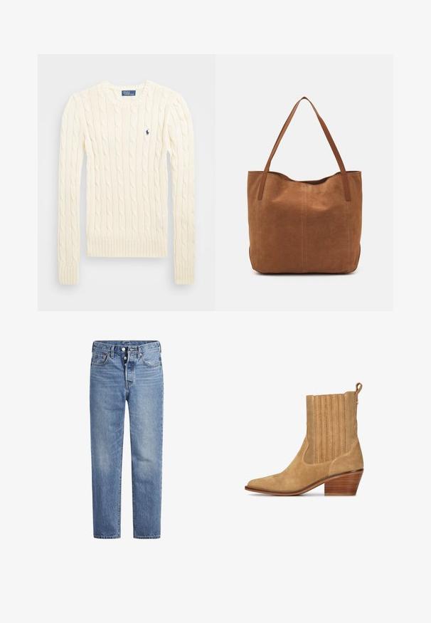 Suéter crema de punto trenzado con manga larga, puños y dobladillo acanalados, que presenta un pequeño logo bordado en el lado izquierdo del pecho.; Jeans de mezclilla azul claros con corte recto, diseño de cinco bolsillos y cierre de botón. Presentan un ligero desvanecimiento y acentos de costura en naranja.; Botín de ante marrón con punta afilada, detalles acanalados en la parte superior y un tacón de madera apilado. Cuenta con una tira en la parte trasera para facilitar su colocación.; Bolso tote de ante marrón con dos asas largas, que presenta una textura suave, un diseño simple y sin herrajes ni acentos visibles.