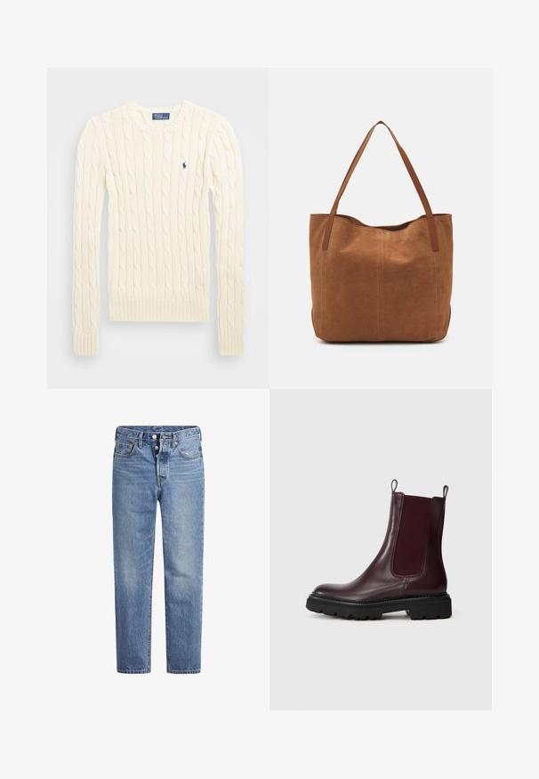 Cream cable-knit sweater with long sleeves, ribbed cuffs and hem, featuring a small embroidered logo on the left chest.; Light blue denim jeans with a straight cut, five-pocket design, and a button fly. Features subtle fading and orange stitching accents.; Burgundy leather chelsea boots with elastic side panels, textured black rubber sole, and pull tabs for easy wear.; Brown suede tote bag with two long handles, featuring a smooth texture, simple design, and no visible hardware or accents.