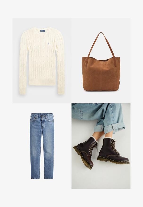 Kreemi kaabliga kudumiga sviiter pikkade varrukatega, ribakardinate ja hemiga, millel on vasakul rinnal väike tikkitud logo.; Vaaleansiniset farkut suoran leikkauksen, viiden pussin designin ja nappisuljenta. Ominaisuuksiin kuuluu hienoinen haalistuminen ja oranssit ompeleet.; Ruske nahke gležnjače z vezalnim dizajnom, krznenim podlogo, rumenim šivom in debelimi gumijastimi podplati. Obute z zvitimi svetlo modrimi džinsom.; Ruskean mokkanahkainen olkalaukku, jossa on kaksi pitkää kantohihnaa. Laukussa on sileä pinta, yksinkertainen muotoilu ja ei näkyviä materiaaleja tai koristeita.