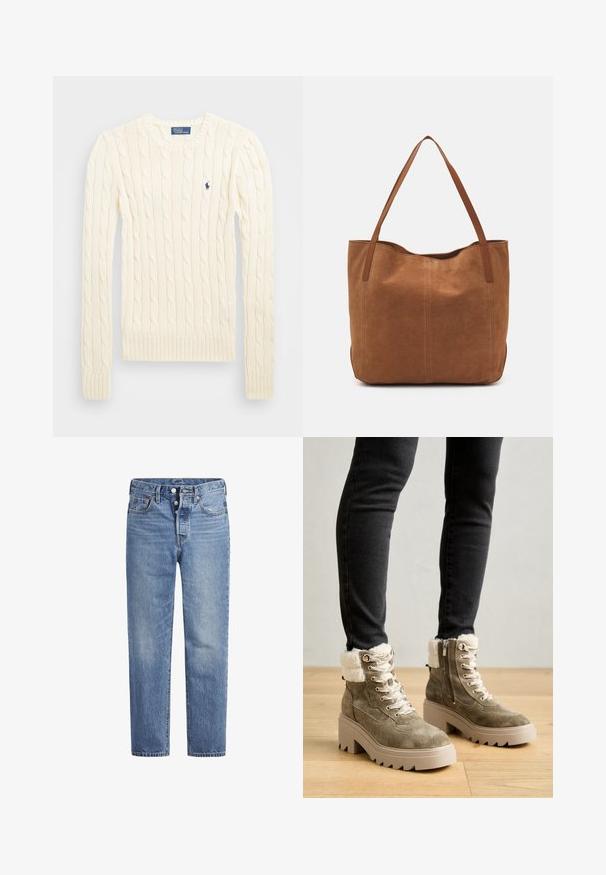 Kreemi kaabliga kudumiga sviiter pikkade varrukatega, ribakardinate ja hemiga, millel on vasakul rinnal väike tikkitud logo.; Vaaleansiniset farkut suoran leikkauksen, viiden pussin designin ja nappisuljenta. Ominaisuuksiin kuuluu hienoinen haalistuminen ja oranssit ompeleet.; Svetimatoiset nilkkurit oliivinvihreänä, joissa on tekoturkispäällyste, hopeat yksityiskohdat ja muhkea beige korko. Varustettu nauhoilla ja sivuvetoketjulla.; Ruskean mokkanahkainen olkalaukku, jossa on kaksi pitkää kantohihnaa. Laukussa on sileä pinta, yksinkertainen muotoilu ja ei näkyviä materiaaleja tai koristeita.