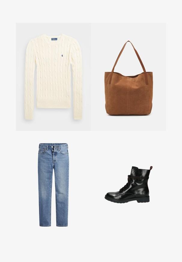 Cremefarvet kabelstrikket sweater med lange ærmer, ribbede manchetter og kant, med et lille broderet logo på venstre bryst.; Lyseblå denimjeans med lige pasform, fem-lomme-design og knaplukning. Har subtile falmede detaljer og orange søm.; Sort læder ankelstøvle med blank finish, rund tå, frontlacing og kontrasterende burgunderrøde accenter på snørebånd og krave. Holdbar gummisål.; Brun ruskinds tote bag med to lange håndtag, der har en glat tekstur, enkelt design og ingen synlige metaldele eller accenter.