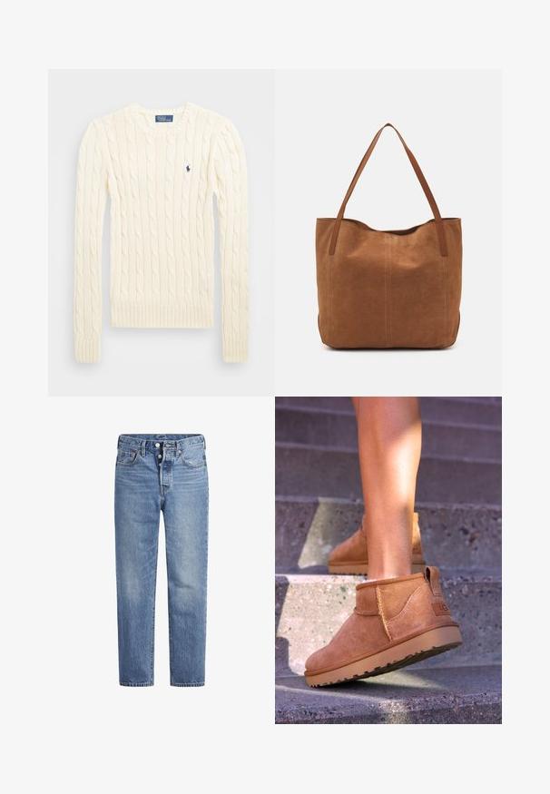 Maglione crema a costine con maniche lunghe, polsini e orlo a coste, caratterizzato da un piccolo logo ricamato sul lato sinistro del petto.; Jeans in denim blu chiaro con taglio dritto, design a cinque tasche e chiusura con bottone. Presentano una leggera sbiaditura e dettagli in cucitura arancione.; Stivali alla caviglia in suede beige con una consistenza morbida, dettagli cuciti e suola in gomma, dotati di un tacco ad anello per una facile vestibilità.; Borsa a spalla in suede marrone con due manici lunghi, caratterizzata da una texture liscia, design semplice e senza hardware o dettagli visibili.