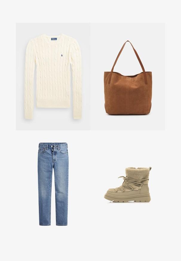 Cremefarbener kabelgehäkelter Pullover mit langen Ärmeln, gerippten Bündchen und Saum, mit einem kleinen gestickten Logo auf der linken Brust.; Helle blaue Jeans im geraden Schnitt, mit fünf Taschen und einem Knopfverschluss. Sie weisen dezente Verfärbungen und orangefarbene Nähte auf.; mtng Snowboot/Winterstiefel - beige; Braune Wildleder-Tote mit zwei langen Henkeln, die eine glatte Textur, ein einfaches Design und keine sichtbaren Beschläge oder Akzente aufweist.