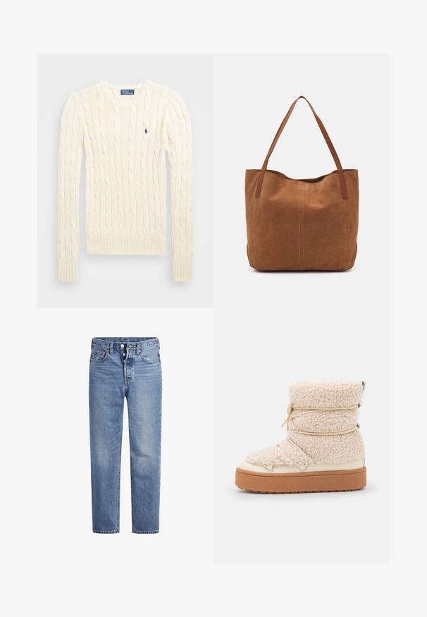 Cremefarbener kabelgehäkelter Pullover mit langen Ärmeln, gerippten Bündchen und Saum, mit einem kleinen gestickten Logo auf der linken Brust.; Helle blaue Jeans im geraden Schnitt, mit fünf Taschen und einem Knopfverschluss. Sie weisen dezente Verfärbungen und orangefarbene Nähte auf.; Stämmige, cremefarbene Shearling-Ankle-Boots mit strukturierter Oberfläche, elastischen Details und einer dicken braunen Plattformsohle. Akzente aus silbernem Metall sind vorhanden.; Braune Wildleder-Tote mit zwei langen Henkeln, die eine glatte Textur, ein einfaches Design und keine sichtbaren Beschläge oder Akzente aufweist.