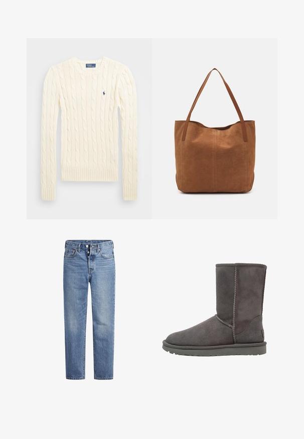 Suéter crema de punto trenzado con manga larga, puños y dobladillo acanalados, que presenta un pequeño logo bordado en el lado izquierdo del pecho.; Jeans de mezclilla azul claros con corte recto, diseño de cinco bolsillos y cierre de botón. Presentan un ligero desvanecimiento y acentos de costura en naranja.; Botín de ante gris hasta el tobillo con puntera redondeada, detalle de costura vertical y suela de goma plana. Presenta un diseño simple y sin adornos.; Bolso tote de ante marrón con dos asas largas, que presenta una textura suave, un diseño simple y sin herrajes ni acentos visibles.