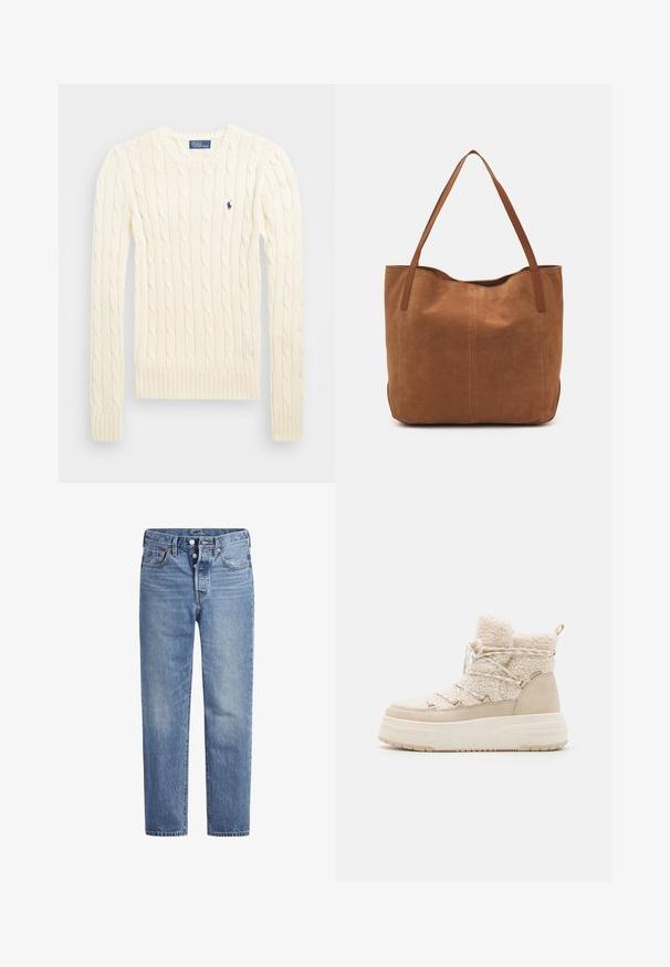 Krém színű, kabelmintás pulóver hosszú ujjal, bordás mandzsettával és aljjal, bal mellen egy kis hímzett logóval.; Világoskék farmernadrág egyenes szabással, öt zsebes dizájnnal és gombos nyereggel. Finom kopásokkal és narancssárga varrási részletekkel rendelkezik.; Beige téli csizmák puha textúrával, fűzős kialakítással, arany hardware-rel és vastag talppal a nagyobb magasság és hőszigetelés érdekében.; Barna velúr táska két hosszú fogantyúval, sima textúrával, egyszerű dizájnnal, és látható fém részek vagy díszítés nélkül.