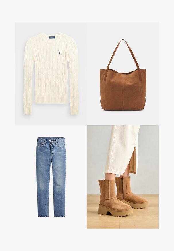 Suéter crema de punto trenzado con manga larga, puños y dobladillo acanalados, que presenta un pequeño logo bordado en el lado izquierdo del pecho.; Jeans de mezclilla azul claros con corte recto, diseño de cinco bolsillos y cierre de botón. Presentan un ligero desvanecimiento y acentos de costura en naranja.; Botas de tobillo de ante marrón con una suela de plataforma gruesa, cremallera lateral y detalles de costura vertical, combinadas con una falda de color crema.; Bolso tote de ante marrón con dos asas largas, que presenta una textura suave, un diseño simple y sin herrajes ni acentos visibles.