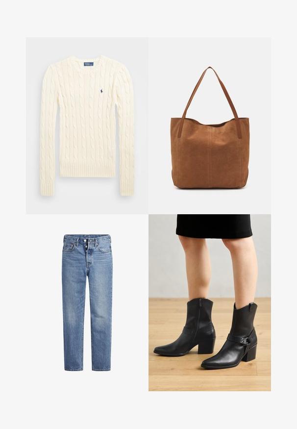 Kremowy sweter w splot kabelkowy z długimi rękawami, ściągaczami przy mankietach i u dołu, z małym haftowanym logo na lewej piersi.; Jasnoniebieskie jeansy denimowe o prostym kroju, z pięcioma kieszeniami i zapięciem na guziki. Charakteryzują się delikatnym wyblaknięciem oraz pomarańczowymi przeszyciami.; Czarne skórzane botki za kostkę z ostrym noskiem, zapięciem na zamek, wygiętym obcasem i dekoracyjnym paskiem z metalowymi akcentami.; Brązowa zamszowa torba tote z dwoma długimi uchwytami, charakteryzująca się gładką teksturą, prostym wzornictwem oraz brakiem widocznych elementów metalowych czy akcentów.