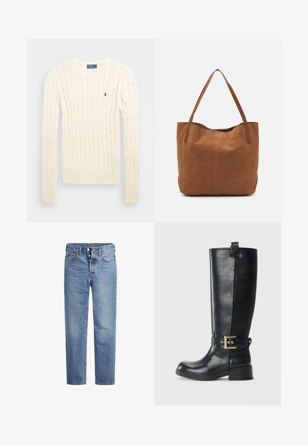 Kremowy sweter w splot kabelkowy z długimi rękawami, ściągaczami przy mankietach i u dołu, z małym haftowanym logo na lewej piersi.; Jasnoniebieskie jeansy denimowe o prostym kroju, z pięcioma kieszeniami i zapięciem na guziki. Charakteryzują się delikatnym wyblaknięciem oraz pomarańczowymi przeszyciami.; Czarne skórzane kozaki do kolan z niskim obcasem w kształcie bloku, ozdobnym złotym paskiem z klamrą wokół kostki oraz pętelką u góry.; Brązowa zamszowa torba tote z dwoma długimi uchwytami, charakteryzująca się gładką teksturą, prostym wzornictwem oraz brakiem widocznych elementów metalowych czy akcentów.