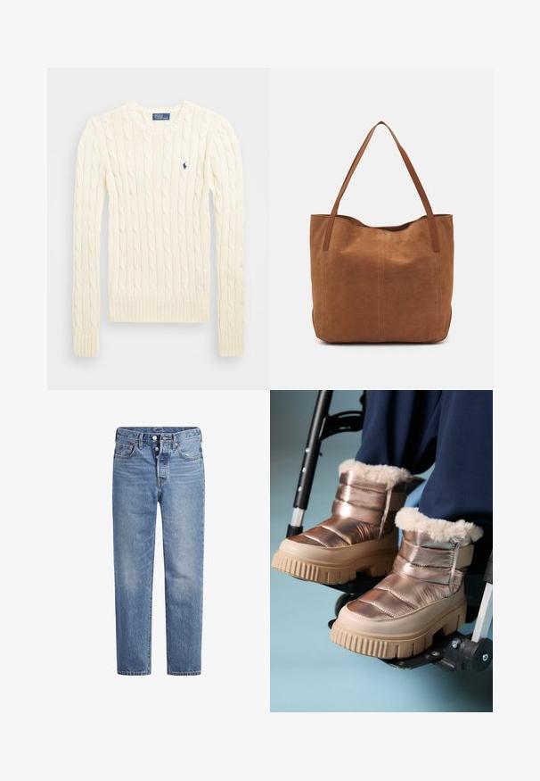 Pulover crem tricotat cu cablu, cu mâneci lungi, manșete și tiv ribdate, având un mic logo brodat pe pieptul stâng.; Jeans din denim de un albastru deschis, cu croi drept, design cu cinci buzunare și închidere cu buton. Prezintă decolorări subtile și cusături accentuate de culoare portocalie.; Persoană purtând bote metalice căptușite cu blană de iarnă, sprijinind picioarele pe suporturile pentru picioare ale unui scaun cu rotile, pe un fundal de culoare albastru deschis.; Geantă tote din suede maro, cu două mânere lungi, caracterizată printr-o textură netedă, un design simplu și fără accesorii sau elemente metalice vizibile.