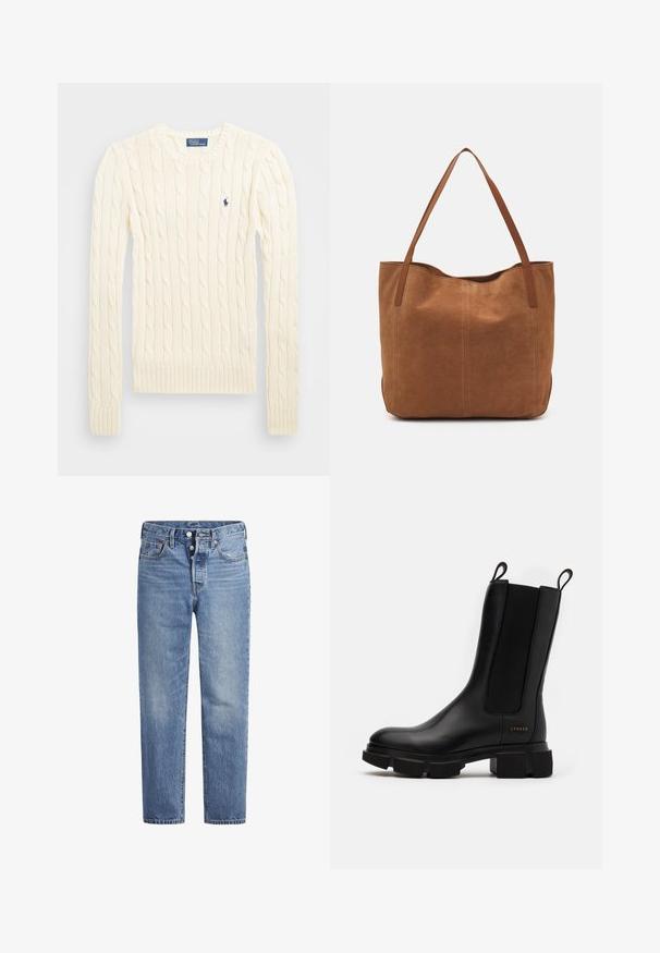 Krémový svetr s pleteným vzorem, dlouhými rukávy, žebrovanými manžetami a lemem, se malým vyšívaným logem na levé hrudi.; Světle modré džíny s rovný střih, designem s pěti kapsami a knoflíkovým zapínáním. Mají jemné vyblednutí a oranžové prošití.; Černé kožené kotníkové boty s elastickými postranními panely, chunky gumovou podrážkou a poutky. Obsahují decentní branding vyražený na boku.; Hnědá semišová taška s dvěma dlouhými uchy, se hladkým povrchem, jednoduchým designem a bez viditelného kování nebo dekorací.
