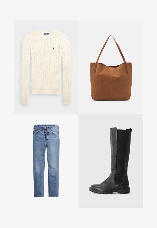 Cream cable-knit sweater with long sleeves, ribbed cuffs and hem, featuring a small embroidered logo on the left chest.; Light blue denim jeans with a straight cut, five-pocket design, and a button fly. Features subtle fading and orange stitching accents.; High black leather boots with a textured front, elastic side panels, and rugged soles, set against a plain white background.; Brown suede tote bag with two long handles, featuring a smooth texture, simple design, and no visible hardware or accents.