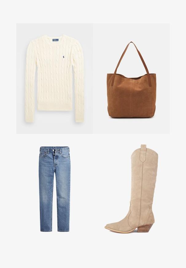 Suéter crema de punto trenzado con manga larga, puños y dobladillo acanalados, que presenta un pequeño logo bordado en el lado izquierdo del pecho.; Jeans de mezclilla azul claros con corte recto, diseño de cinco bolsillos y cierre de botón. Presentan un ligero desvanecimiento y acentos de costura en naranja.; Bota de vaquero de ante beige con punta afilada, costuras decorativas y tacón de madera apilada. La altura llega a la mitad de la pantorrilla.; Bolso tote de ante marrón con dos asas largas, que presenta una textura suave, un diseño simple y sin herrajes ni acentos visibles.