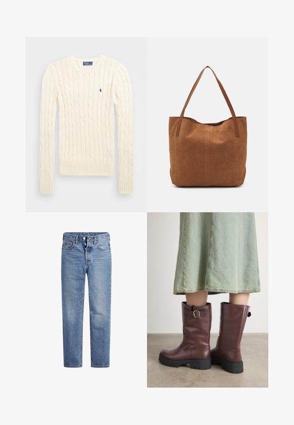 Kremowy sweter w splot kabelkowy z długimi rękawami, ściągaczami przy mankietach i u dołu, z małym haftowanym logo na lewej piersi.; Jasnoniebieskie jeansy denimowe o prostym kroju, z pięcioma kieszeniami i zapięciem na guziki. Charakteryzują się delikatnym wyblaknięciem oraz pomarańczowymi przeszyciami.; Brązowe skórzane buty za kolano o fakturowanym wykończeniu, z bocznym detalem klamry i masywnymi czarnymi gumowymi podeszwami.; Brązowa zamszowa torba tote z dwoma długimi uchwytami, charakteryzująca się gładką teksturą, prostym wzornictwem oraz brakiem widocznych elementów metalowych czy akcentów.