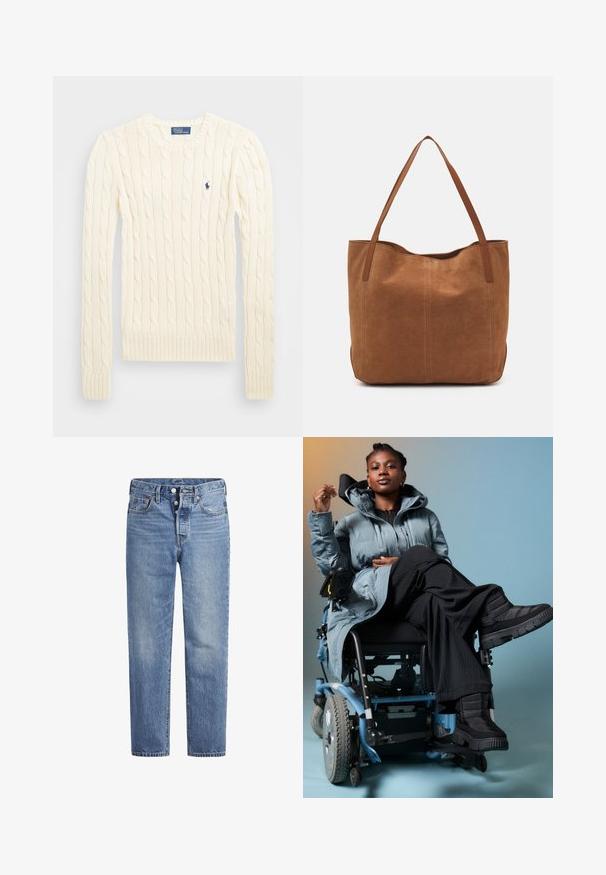 Pulover crem tricotat cu cablu, cu mâneci lungi, manșete și tiv ribdate, având un mic logo brodat pe pieptul stâng.; Jeans din denim de un albastru deschis, cu croi drept, design cu cinci buzunare și închidere cu buton. Prezintă decolorări subtile și cusături accentuate de culoare portocalie.; Palton gri cu umplutură și guler înalt, pantaloni negri cu nervuri și cizme negre chunky. Scaunul cu rotile are un cadru albastru și roți duble.; Geantă tote din suede maro, cu două mânere lungi, caracterizată printr-o textură netedă, un design simplu și fără accesorii sau elemente metalice vizibile.