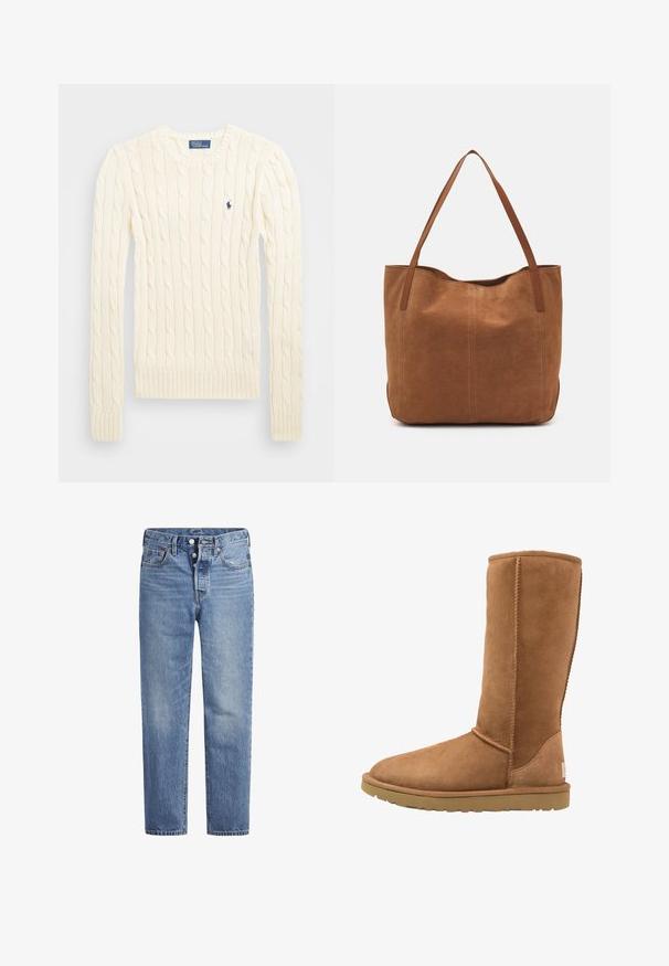 Kreemi kaabliga kudumiga sviiter pikkade varrukatega, ribakardinate ja hemiga, millel on vasakul rinnal väike tikkitud logo.; Vaaleansiniset farkut suoran leikkauksen, viiden pussin designin ja nappisuljenta. Ominaisuuksiin kuuluu hienoinen haalistuminen ja oranssit ompeleet.; Korkeat vaaleanruskeat mokkasiinit, joissa on pyöreä nenä ja hienovaraisia ompeluyksityiskohtia. Kumipohja tarjoaa pidon, ja malli on suunniteltu mukavaksi ja lämpimäksi.; Ruskean mokkanahkainen olkalaukku, jossa on kaksi pitkää kantohihnaa. Laukussa on sileä pinta, yksinkertainen muotoilu ja ei näkyviä materiaaleja tai koristeita.