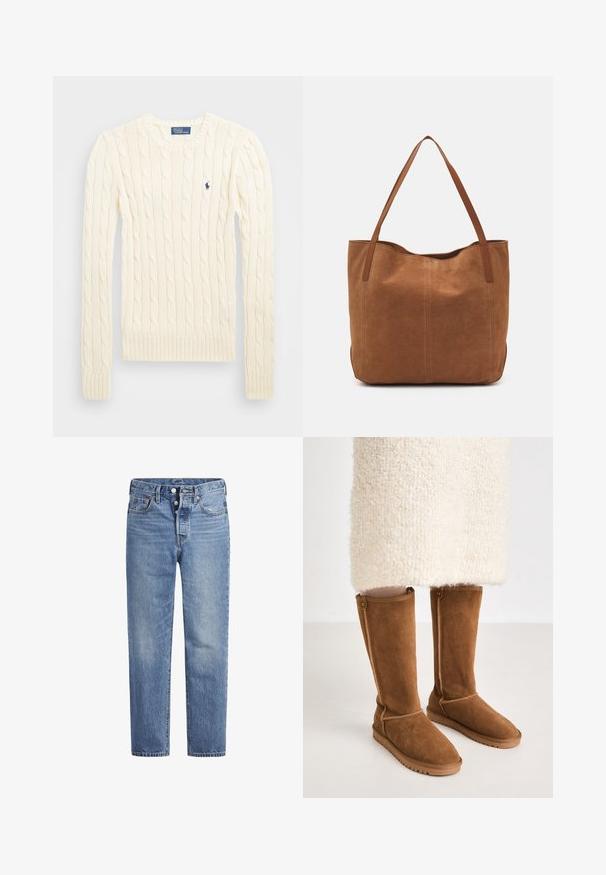 Kremowy sweter w splot kabelkowy z długimi rękawami, ściągaczami przy mankietach i u dołu, z małym haftowanym logo na lewej piersi.; Jasnoniebieskie jeansy denimowe o prostym kroju, z pięcioma kieszeniami i zapięciem na guziki. Charakteryzują się delikatnym wyblaknięciem oraz pomarańczowymi przeszyciami.; Brązowe zamszowe botki do kolan o gładkiej fakturze, z bocznymi szwami i gumową podeszwą dla lepszej przyczepności.; Brązowa zamszowa torba tote z dwoma długimi uchwytami, charakteryzująca się gładką teksturą, prostym wzornictwem oraz brakiem widocznych elementów metalowych czy akcentów.
