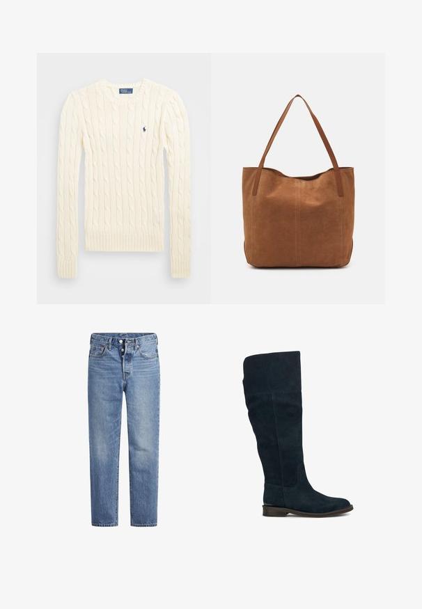 Pulover crem tricotat cu cablu, cu mâneci lungi, manșete și tiv ribdate, având un mic logo brodat pe pieptul stâng.; Jeans din denim de un albastru deschis, cu croi drept, design cu cinci buzunare și închidere cu buton. Prezintă decolorări subtile și cusături accentuate de culoare portocalie.; Botine din suede albastru închis, până la genunchi, cu vârf rotund și toc plat din lemn. Textură netedă, fără elemente metalice sau decorațiuni vizibile.; Geantă tote din suede maro, cu două mânere lungi, caracterizată printr-o textură netedă, un design simplu și fără accesorii sau elemente metalice vizibile.