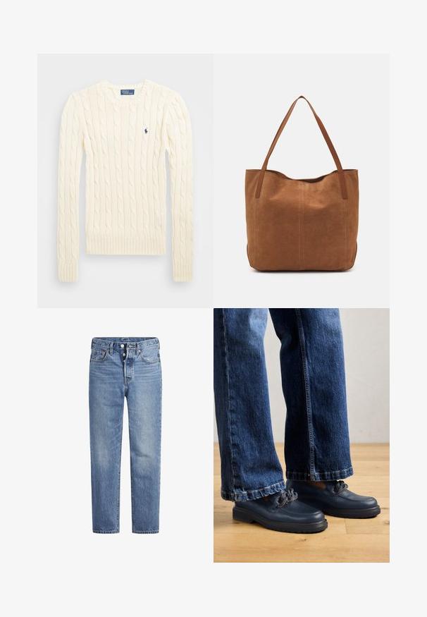 Pulover crem tricotat cu cablu, cu mâneci lungi, manșete și tiv ribdate, având un mic logo brodat pe pieptul stâng.; Jeans din denim de un albastru deschis, cu croi drept, design cu cinci buzunare și închidere cu buton. Prezintă decolorări subtile și cusături accentuate de culoare portocalie.; Pantofi din piele albastru marin cu o talpă groasă și detalii cu lanț pe partea superioară, asociați cu blugi din denim întunecat, cu croială lejeră.; Geantă tote din suede maro, cu două mânere lungi, caracterizată printr-o textură netedă, un design simplu și fără accesorii sau elemente metalice vizibile.