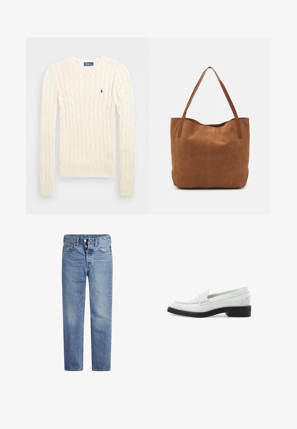 Cremefarbener kabelgehäkelter Pullover mit langen Ärmeln, gerippten Bündchen und Saum, mit einem kleinen gestickten Logo auf der linken Brust.; Helle blaue Jeans im geraden Schnitt, mit fünf Taschen und einem Knopfverschluss. Sie weisen dezente Verfärbungen und orangefarbene Nähte auf.; Weiße Lederloafers mit flacher schwarzer Sohle, dekorativen Nähten und abgerundetem Zehenbereich. Einfaches Design, geeignet für legere oder formelle Anlässe.; Braune Wildleder-Tote mit zwei langen Henkeln, die eine glatte Textur, ein einfaches Design und keine sichtbaren Beschläge oder Akzente aufweist.