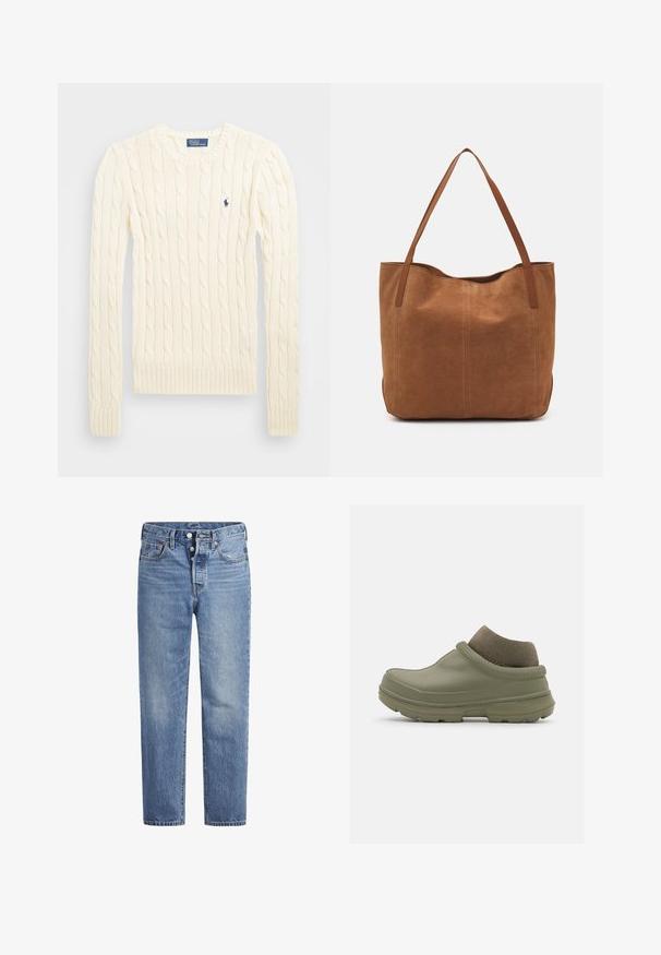 Pulover crem tricotat cu cablu, cu mâneci lungi, manșete și tiv ribdate, având un mic logo brodat pe pieptul stâng.; Jeans din denim de un albastru deschis, cu croi drept, design cu cinci buzunare și închidere cu buton. Prezintă decolorări subtile și cusături accentuate de culoare portocalie.; Sabot de culoare verde măslin, cu vârf rotund și talpă din cauciuc texturat. Dispune de un guler tricotat la gleznă și o finisare netedă a materialului superior.; Geantă tote din suede maro, cu două mânere lungi, caracterizată printr-o textură netedă, un design simplu și fără accesorii sau elemente metalice vizibile.