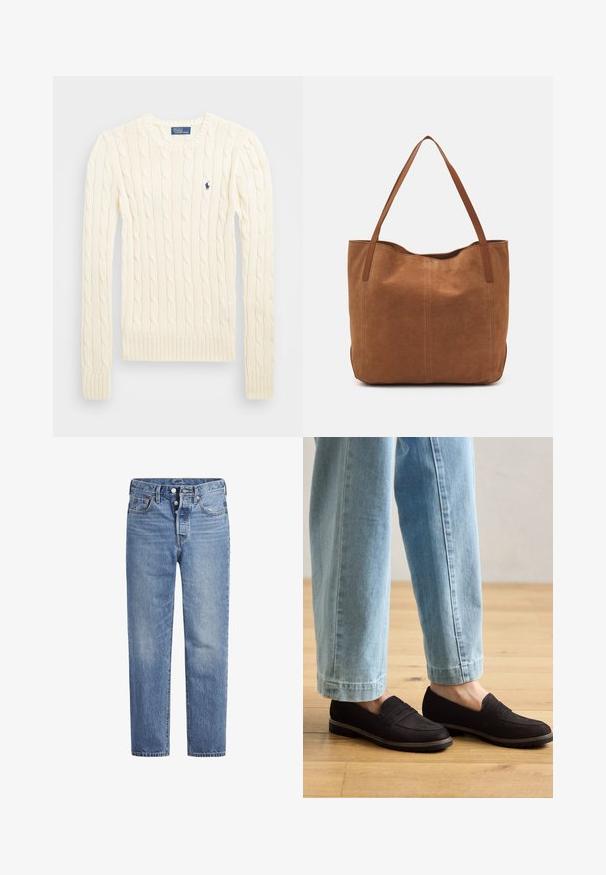 Krems krāsas adīts džempers ar garām piedurknēm, ribotām aprocēm un apakšmalu, ar nelielu izšūtu logotipu kreisajā krūtī.; Gaiši zila džinsu bikses ar taisnu griezumu, piecu kabatu dizainu un poga aizdari. Iespējamas nelielas izbalēšanas un apelsīnu diegu akcenti.; Melnas zamšādas loafers ar platu zoli un akcentējošiem šuvumiem, valkāti ar gaismas zilām, nedaudz īsām džinsa biksēm uz koka grīdas.; Brūns zamša tote somas ar divām garām rokturiem, ar gludu tekstūru, vienkāršu dizainu un bez redzamām aparatūrām vai akcentiem.