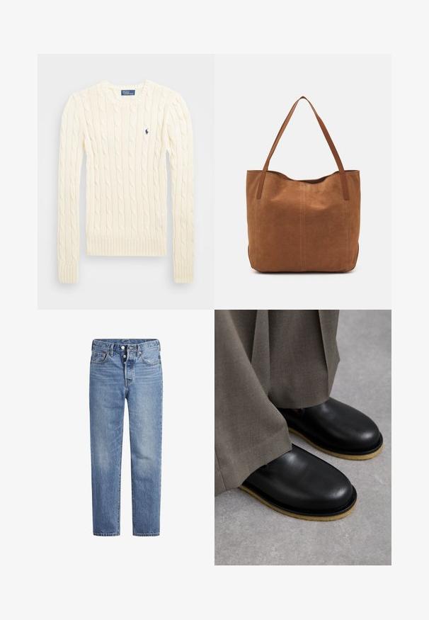 Pulover crem tricotat cu cablu, cu mâneci lungi, manșete și tiv ribdate, având un mic logo brodat pe pieptul stâng.; Jeans din denim de un albastru deschis, cu croi drept, design cu cinci buzunare și închidere cu buton. Prezintă decolorări subtile și cusături accentuate de culoare portocalie.; Pantofi din piele neagră, cu vârf rotund, talpă plată și talpă exterioară de un maro deschis contrastant, asortați cu pantaloni gri lejeri.; Geantă tote din suede maro, cu două mânere lungi, caracterizată printr-o textură netedă, un design simplu și fără accesorii sau elemente metalice vizibile.
