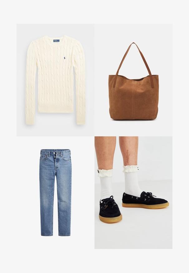 Kreemivärvi nöörkootud sviiter pikemate varrukatega, soonikvarrukate ja alläärega, millel on vasakul rinnal väike broderi logo.; Heled sinised teksad sirge lõikega, viie tasku disainiga ja nööpidega kinni. Omavad kerget pleekimist ja oranže õmblusi.; Tumesinine nahast paadisandaalid kummist tallaga, millel on hõbedased silmad ja paelad. Kombineeritud valgete soonikkoes sokkidega ja volangidega sääre detailidega.; Pruun nubukist kott kahe pika sangaga, millel on sile tekstuur, lihtne disain ja nähtavad riistvara või aksessuaarid puuduvad.