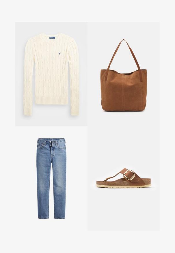 Krém színű, kabelmintás pulóver hosszú ujjal, bordás mandzsettával és aljjal, bal mellen egy kis hímzett logóval.; Világoskék farmernadrág egyenes szabással, öt zsebes dizájnnal és gombos nyereggel. Finom kopásokkal és narancssárga varrási részletekkel rendelkezik.; Barna bőr tanga szandál arany csattal és parafa talpágyazattal; texturált bézs talppal és minimál dizájnnal rendelkezik.; Barna velúr táska két hosszú fogantyúval, sima textúrával, egyszerű dizájnnal, és látható fém részek vagy díszítés nélkül.