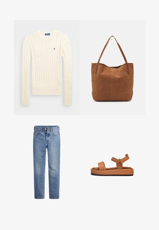 Kremowy sweter w splot kabelkowy z długimi rękawami, ściągaczami przy mankietach i u dołu, z małym haftowanym logo na lewej piersi.; Jasnoniebieskie jeansy denimowe o prostym kroju, z pięcioma kieszeniami i zapięciem na guziki. Charakteryzują się delikatnym wyblaknięciem oraz pomarańczowymi przeszyciami.; Brązowe skórzane sandały na platformie z szerokimi paskami, regulowanymi zapięciami, miękką wkładką i teksturowaną czarną gumową podeszwą.; Brązowa zamszowa torba tote z dwoma długimi uchwytami, charakteryzująca się gładką teksturą, prostym wzornictwem oraz brakiem widocznych elementów metalowych czy akcentów.