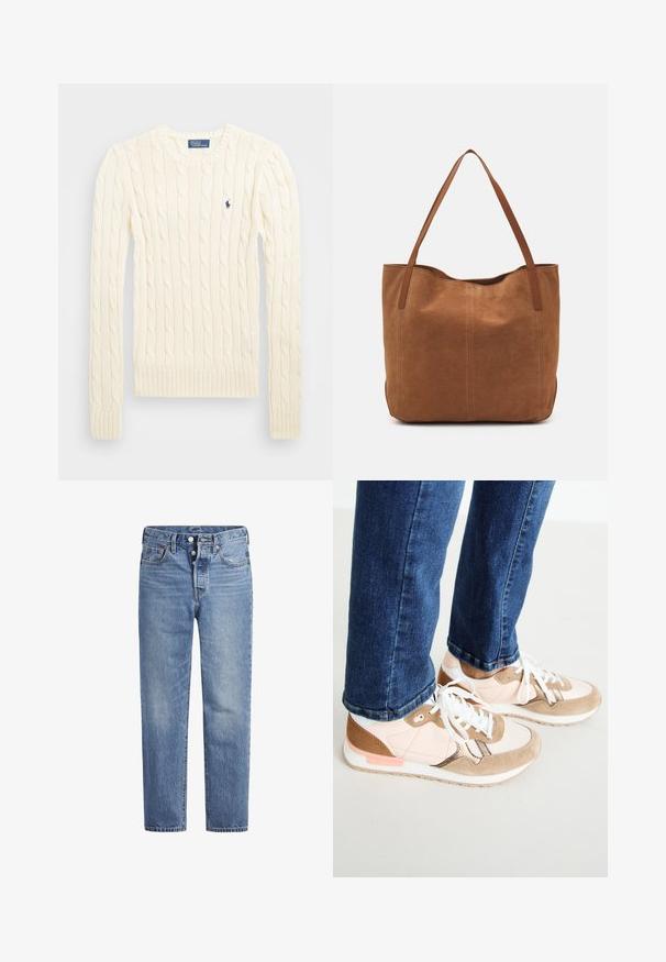 Krämfärgad kabelstickad tröja med långa ärmar, ribbade cuffs och nederkant, med en liten broderad logotyp på vänster bröst.; Ljusblå denimjeans med rak skärning, femfickorsdesign och knäppning med knapp. Har subtila blekningar och orangea sömnadsdetaljer.; Sneakers i en blandning av blushrosa läder och beige mocka, med vita snören, en vit mellansula och en texturerad gummisula. Denimjeans är något kortare ovanför skon.; Brun mockaskinn tote bag med två långa handtag, med en slät yta, enkelt design och utan synlig hårdvara eller detaljer.