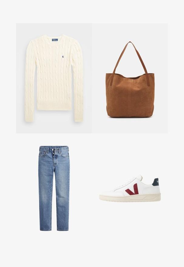 Maglione crema a costine con maniche lunghe, polsini e orlo a coste, caratterizzato da un piccolo logo ricamato sul lato sinistro del petto.; Jeans in denim blu chiaro con taglio dritto, design a cinque tasche e chiusura con bottone. Presentano una leggera sbiaditura e dettagli in cucitura arancione.; Sneaker in pelle bianca con logo 'V' bordeaux, suola in gomma testurizzata e accentuazione blu navale sul tallone; presenta un classico design con lacci.; Borsa a spalla in suede marrone con due manici lunghi, caratterizzata da una texture liscia, design semplice e senza hardware o dettagli visibili.