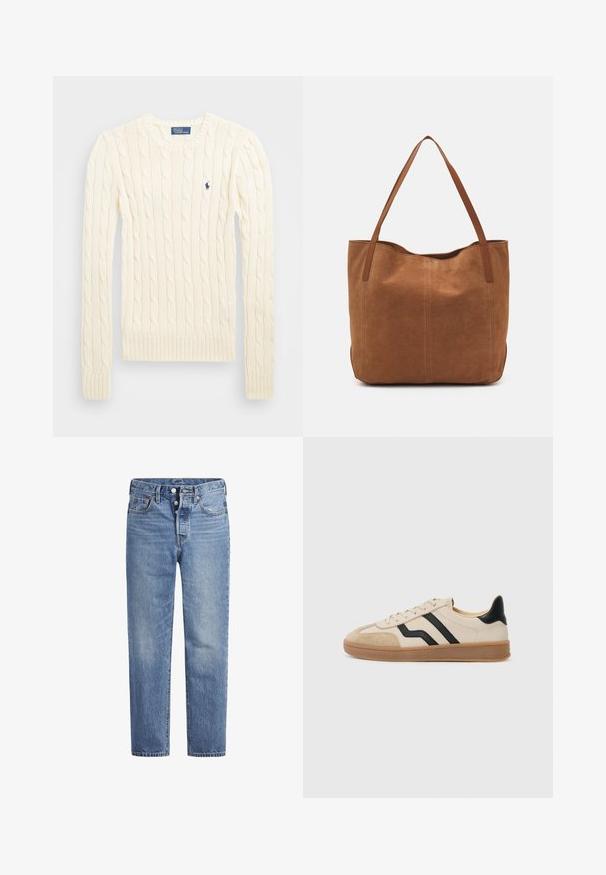 Kreemivärvi nöörkootud sviiter pikemate varrukatega, soonikvarrukate ja alläärega, millel on vasakul rinnal väike broderi logo.; Heled sinised teksad sirge lõikega, viie tasku disainiga ja nööpidega kinni. Omavad kerget pleekimist ja oranže õmblusi.; Beige spordijalatsid mustade triipudega, nubukist varbaga ja kandaga, tekstureeritud kummist tallaga ja siledate paeltega. Minimalistlik disain ja neutraalsed värvid.; Pruun nubukist kott kahe pika sangaga, millel on sile tekstuur, lihtne disain ja nähtavad riistvara või aksessuaarid puuduvad.