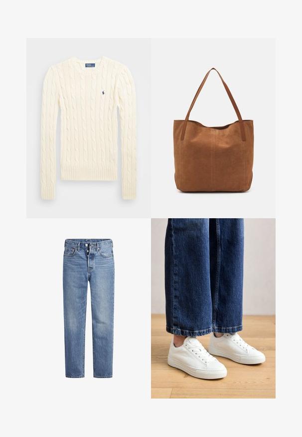 Krém színű, kabelmintás pulóver hosszú ujjal, bordás mandzsettával és aljjal, bal mellen egy kis hímzett logóval.; Világoskék farmernadrág egyenes szabással, öt zsebes dizájnnal és gombos nyereggel. Finom kopásokkal és narancssárga varrási részletekkel rendelkezik.; Fehér bőr sportcipők texturált felülettel és lapos gumitalppal, alacsony szárú kialakítással és hat fűzőlyukkal. Kék farmernadrággal párosítva.; Barna velúr táska két hosszú fogantyúval, sima textúrával, egyszerű dizájnnal, és látható fém részek vagy díszítés nélkül.