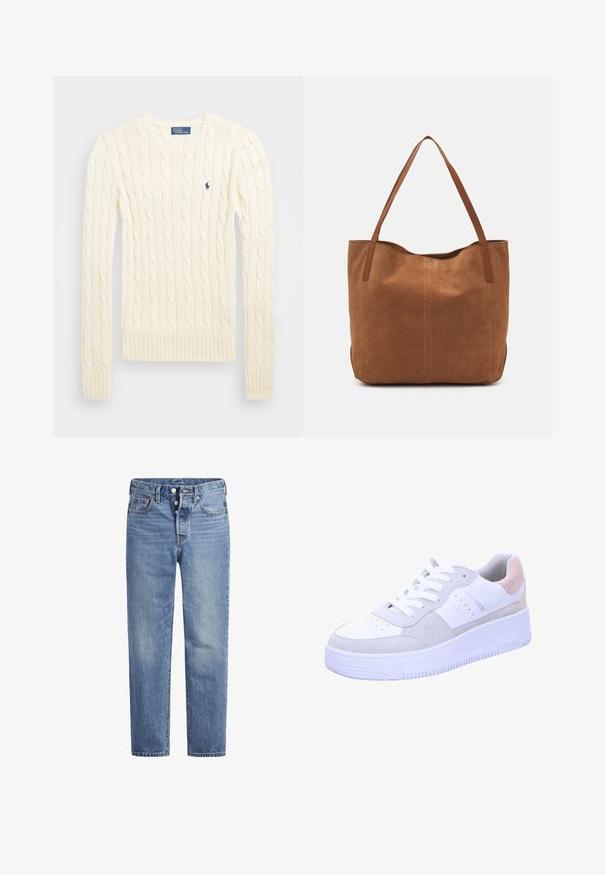 Kreemi kaabliga kudumiga sviiter pikkade varrukatega, ribakardinate ja hemiga, millel on vasakul rinnal väike tikkitud logo.; Vaaleansiniset farkut suoran leikkauksen, viiden pussin designin ja nappisuljenta. Ominaisuuksiin kuuluu hienoinen haalistuminen ja oranssit ompeleet.; Valkoiset tennarit, joissa on harmaita mokkasiiniyksityiskohtia, teksturoitu pohja, rei'itetty varvaslaatikko ja valkoiset nauhat. Sisältää hillityn pastellin vaaleanpunaisen kantapään.; Ruskean mokkanahkainen olkalaukku, jossa on kaksi pitkää kantohihnaa. Laukussa on sileä pinta, yksinkertainen muotoilu ja ei näkyviä materiaaleja tai koristeita.