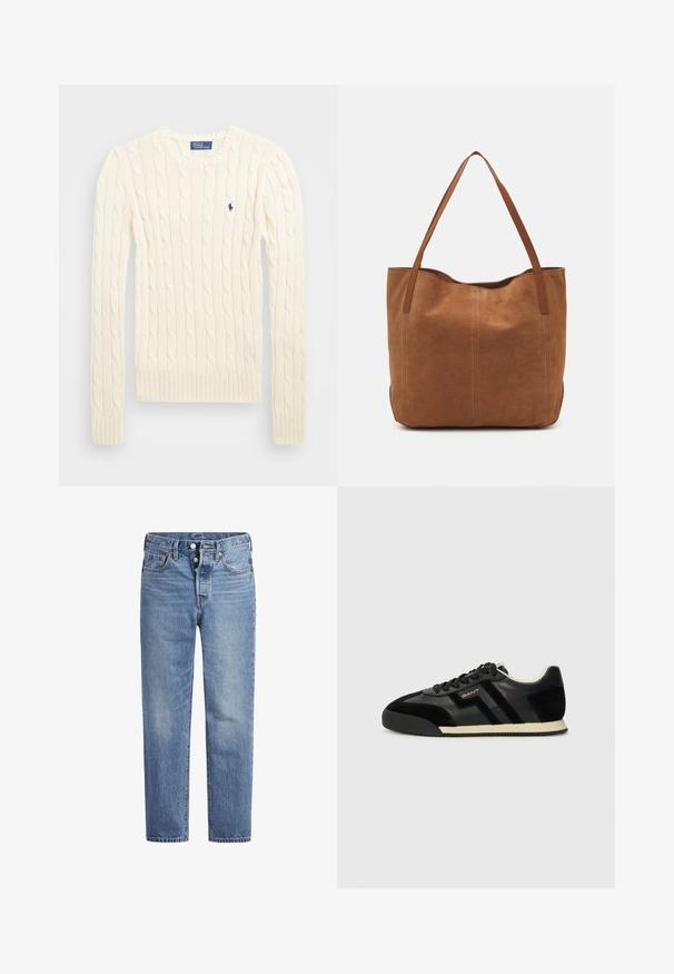 Kreemivärvi nöörkootud sviiter pikemate varrukatega, soonikvarrukate ja alläärega, millel on vasakul rinnal väike broderi logo.; Heled sinised teksad sirge lõikega, viie tasku disainiga ja nööpidega kinni. Omavad kerget pleekimist ja oranže õmblusi.; GANT BEYLANA - Tossud - black; Pruun nubukist kott kahe pika sangaga, millel on sile tekstuur, lihtne disain ja nähtavad riistvara või aksessuaarid puuduvad.