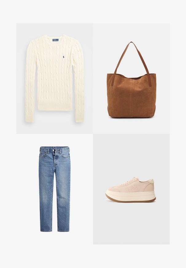 Pull en maille torsadée crème avec manches longues, poignets et ourlet côtelés, présentant un petit logo brodé sur la poitrine gauche.; Jeans en denim bleu clair avec une coupe droite, un design à cinq poches et un bouton pression. Présentent une légère décoloration et des coutures orange en accent.; Baskets en suédine rose avec un bout arrondi, un laçage à l'avant et une semelle plateforme. Présente des accents texturés et une languette de talon en crème contrastante.; Sac fourre-tout en suede marron avec deux longues poignées, présentant une texture lisse, un design simple, et sans matériel ni accents visibles.