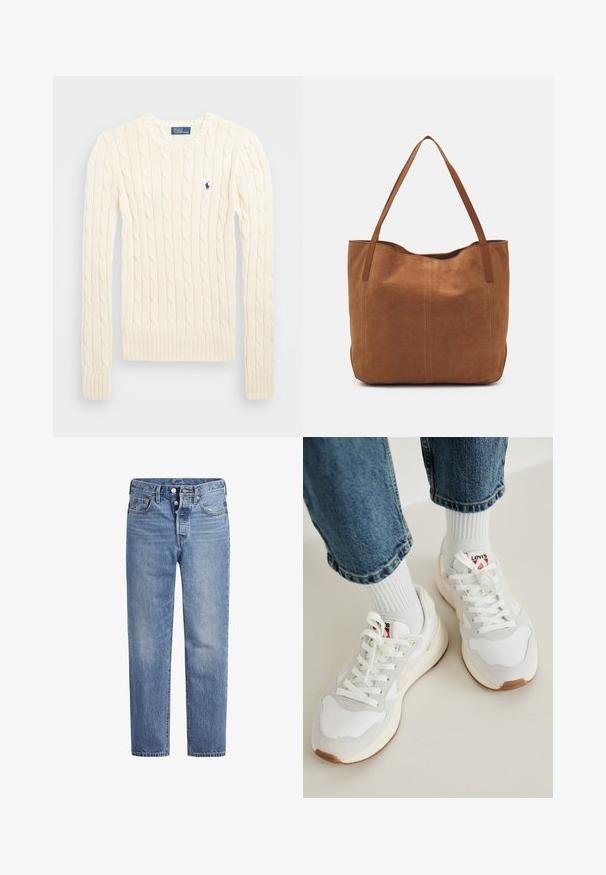 Crème kabelbreiselsweater met lange mouwen, geribbelde manchetten en zoom, met een klein geborduurd logo op de linkerkant van de borst.; Lichtblauwe spijkerbroek met een rechte snit, vijf zakken en een knoopsluiting. Heeft subtiele vervaging en oranje stikselaccenten.; Witte sneakers met beige accenten, veters en een textuur op de teentip. Gecombineerd met geribbelde witte sokken en opgerolde blauwe denim jeans.; Bruine suède shoppers met twee lange handvatten, met een gladde textuur, eenvoudig ontwerp en zonder zichtbare hardware of accenten.