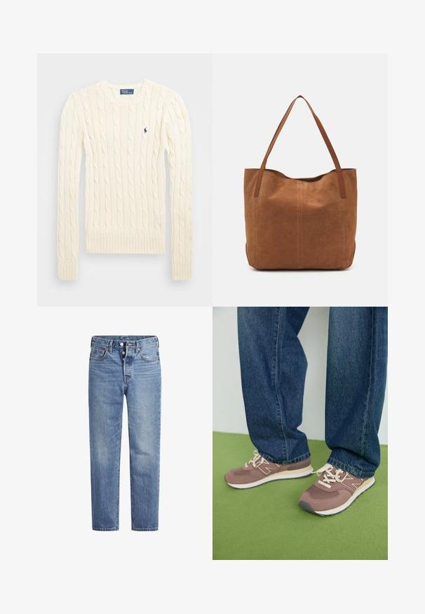 Cream cable-knit sweater with long sleeves, ribbed cuffs and hem, featuring a small embroidered logo on the left chest.; Light blue denim jeans with a straight cut, five-pocket design, and a button fly. Features subtle fading and orange stitching accents.; Brown and mauve athletic shoes with white laces and a beige sole. Worn with blue denim jeans, set against a green surface.; Brown suede tote bag with two long handles, featuring a smooth texture, simple design, and no visible hardware or accents.