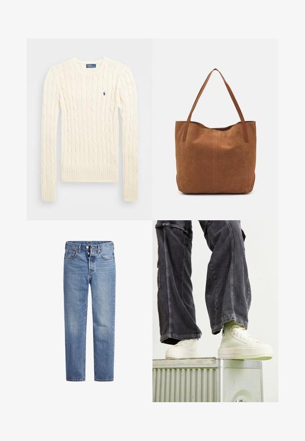 Pulover crem tricotat cu cablu, cu mâneci lungi, manșete și tiv ribdate, având un mic logo brodat pe pieptul stâng.; Jeans din denim de un albastru deschis, cu croi drept, design cu cinci buzunare și închidere cu buton. Prezintă decolorări subtile și cusături accentuate de culoare portocalie.; Adidași înalți din pânză de culoare albă murdară, cu tălpi din cauciuc, cusături detaliate și un logo circular, asortați cu pantaloni cargo largi de culoare gri închis.; Geantă tote din suede maro, cu două mânere lungi, caracterizată printr-o textură netedă, un design simplu și fără accesorii sau elemente metalice vizibile.