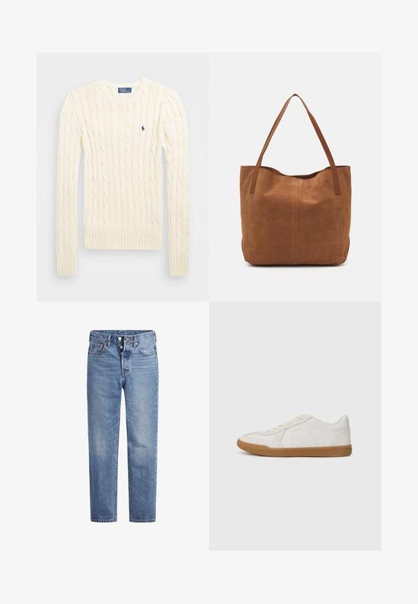 Kremfarget cable-knit genser med lange ermer, ribbede mansjetter og hem, med en liten brodert logo på venstre bryst.; Lyseblå denimjeans med rett snitt, fem-lomme design og knappeåpning. Har subtile falminger og oransje sømdetaljer.; Hvite sneakers med en teksturert lærøverdel og gummisåle. Kjennetegn inkluderer snøring og subtil merkevaredetaljering på siden.; Brun semsketotebag med to lange håndtak, som har en glatt tekstur, enkelt design, og ingen synlig maskinvare eller aksenter.