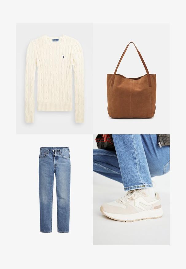 Crème kabelbreiselsweater met lange mouwen, geribbelde manchetten en zoom, met een klein geborduurd logo op de linkerkant van de borst.; Lichtblauwe spijkerbroek met een rechte snit, vijf zakken en een knoopsluiting. Heeft subtiele vervaging en oranje stikselaccenten.; Beige sportieve schoen van suede en mesh materialen, met een gevoerde zool, witte accenten en een ronde teen. Voorzien van veters en een getextureerde rubberen buitenzool.; Bruine suède shoppers met twee lange handvatten, met een gladde textuur, eenvoudig ontwerp en zonder zichtbare hardware of accenten.
