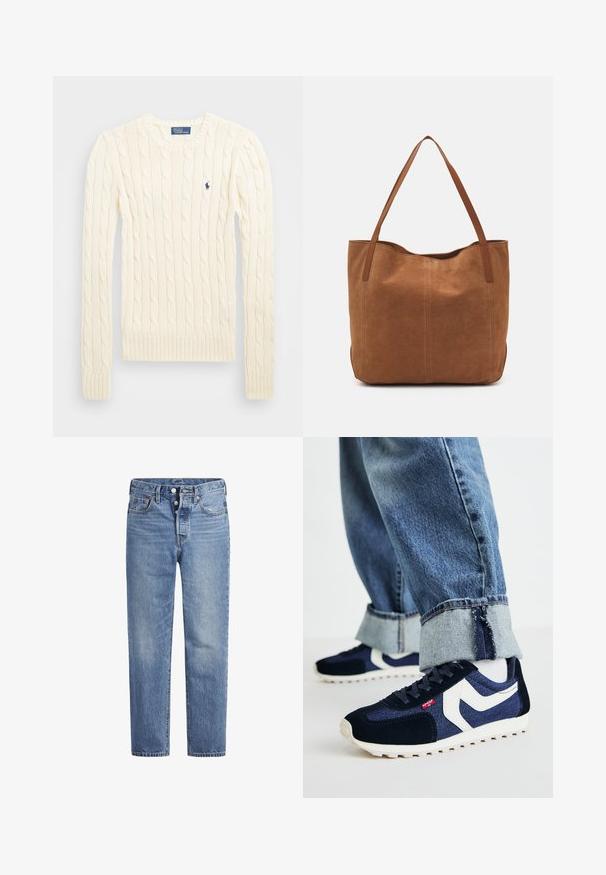 Krems krāsas adīts džempers ar garām piedurknēm, ribotām aprocēm un apakšmalu, ar nelielu izšūtu logotipu kreisajā krūtī.; Gaiši zila džinsu bikses ar taisnu griezumu, piecu kabatu dizainu un poga aizdari. Iespējamas nelielas izbalēšanas un apelsīnu diegu akcenti.; Levi's® STRYDER RED TAB - Treniņu apavi - navy blue; Brūns zamša tote somas ar divām garām rokturiem, ar gludu tekstūru, vienkāršu dizainu un bez redzamām aparatūrām vai akcentiem.