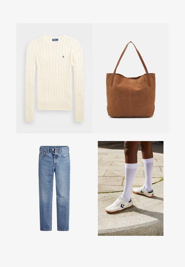 Kremowy sweter w splot kabelkowy z długimi rękawami, ściągaczami przy mankietach i u dołu, z małym haftowanym logo na lewej piersi.; Jasnoniebieskie jeansy denimowe o prostym kroju, z pięcioma kieszeniami i zapięciem na guziki. Charakteryzują się delikatnym wyblaknięciem oraz pomarańczowymi przeszyciami.; Białe buty sportowe o teksturowanej powierzchni, z czarnymi akcentami i brązową gumową podeszwą, zestawione z białymi skarpetkami do kolan.; Brązowa zamszowa torba tote z dwoma długimi uchwytami, charakteryzująca się gładką teksturą, prostym wzornictwem oraz brakiem widocznych elementów metalowych czy akcentów.