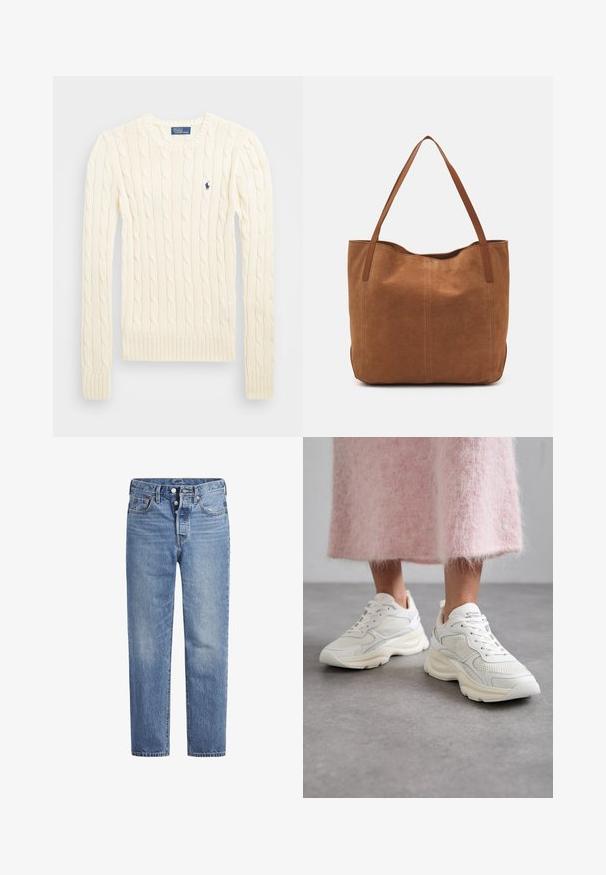 Kremfarget cable-knit genser med lange ermer, ribbede mansjetter og hem, med en liten brodert logo på venstre bryst.; Lyseblå denimjeans med rett snitt, fem-lomme design og knappeåpning. Har subtile falminger og oransje sømdetaljer.; Hvite joggesko laget av mesh og lær, med rund tå og polstret såle. Har snøring og merkenavn på tungen.; Brun semsketotebag med to lange håndtak, som har en glatt tekstur, enkelt design, og ingen synlig maskinvare eller aksenter.