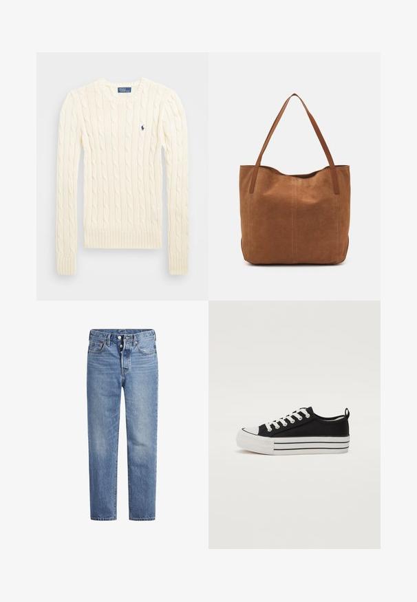 Cream cable-knit sweater with long sleeves, ribbed cuffs and hem, featuring a small embroidered logo on the left chest.; Light blue denim jeans with a straight cut, five-pocket design, and a button fly. Features subtle fading and orange stitching accents.; Black canvas sneaker with a rounded toe, white rubber sole, and three white horizontal stripes. Features white laces and a heel loop.; Brown suede tote bag with two long handles, featuring a smooth texture, simple design, and no visible hardware or accents.