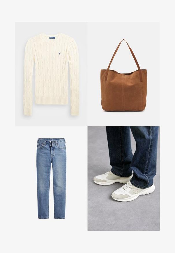 Cremefarbener kabelgehäkelter Pullover mit langen Ärmeln, gerippten Bündchen und Saum, mit einem kleinen gestickten Logo auf der linken Brust.; Helle blaue Jeans im geraden Schnitt, mit fünf Taschen und einem Knopfverschluss. Sie weisen dezente Verfärbungen und orangefarbene Nähte auf.; Sneaker in Hellgrau und sanftem Beigegitter mit Wildlederelementen. Merkmale ein Schnürdesign und eine dicke weiße Gummisohle. Getragen zu blauen Jeans.; Braune Wildleder-Tote mit zwei langen Henkeln, die eine glatte Textur, ein einfaches Design und keine sichtbaren Beschläge oder Akzente aufweist.