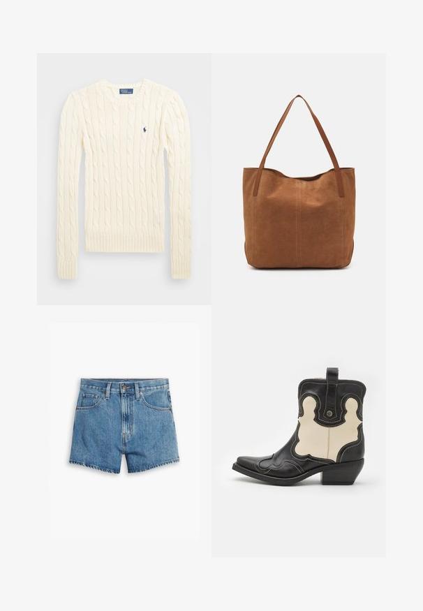 Crème kabelbreiselsweater met lange mouwen, geribbelde manchetten en zoom, met een klein geborduurd logo op de linkerkant van de borst.; Lichtblauwe denimshorts met vijf zakken, een ritssluiting en een knoopsluiting. De zoom is rafelig en heeft een ontspannen pasvorm.; Zwarte en crèmekleurige leren cowboylaars met witte stiksels, puntige neus, gebogen patronen en een korte gestapelde hak. Haakje aan de achterkant.; Bruine suède shoppers met twee lange handvatten, met een gladde textuur, eenvoudig ontwerp en zonder zichtbare hardware of accenten.